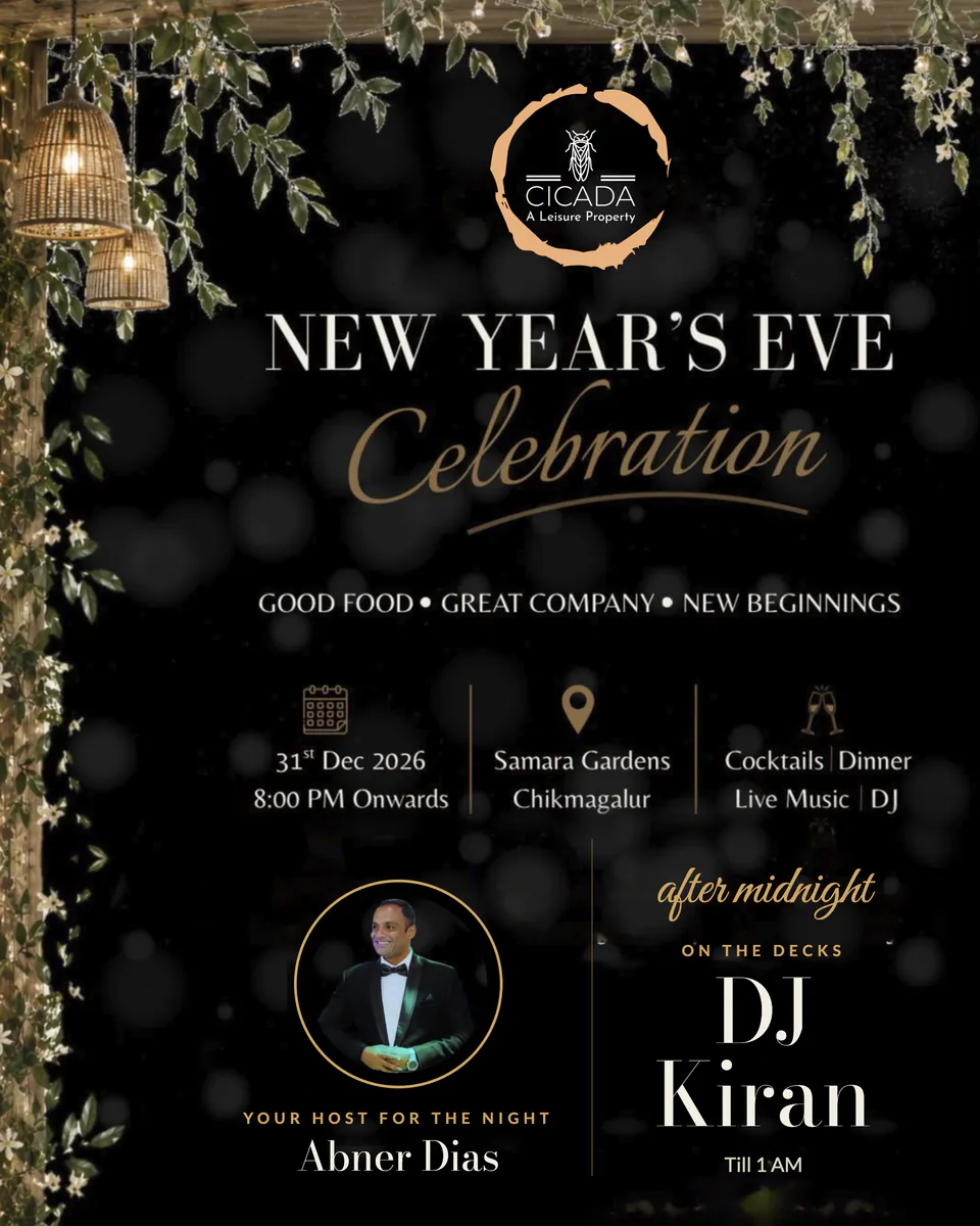 Poster: your host for the night, Abner Dias. After midnight, DJ Kiran on the decks till 1 AM. 31 Dec 2026, 8 PM onwards, Samara Gardens, Chikmagalur.