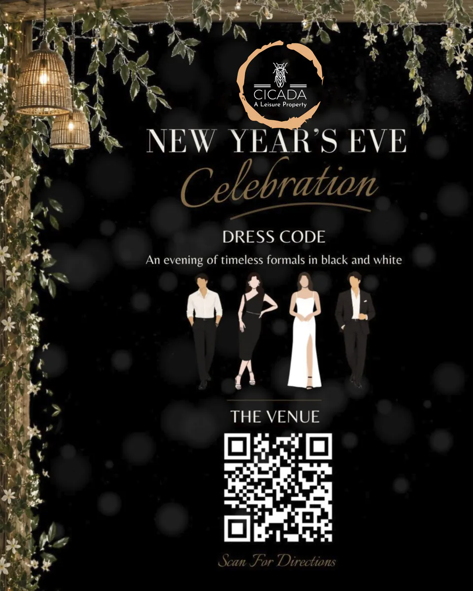 Poster: dress code, an evening of timeless formals in black and white. Includes a QR code with directions to the venue.